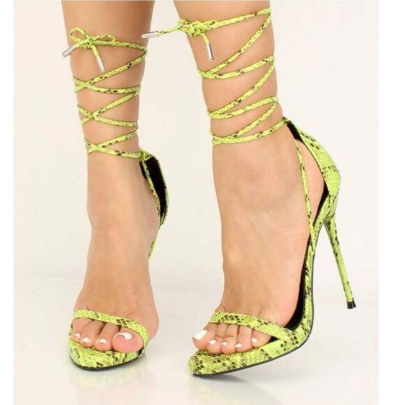 FASHION NOVA SNAKE PRINT LACE UP HIGH HEELS SANDAL - Picture 1 of 16